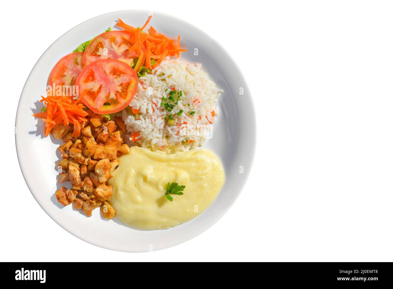 Poulet garni de riz, purée de potatos et salade Banque D'Images