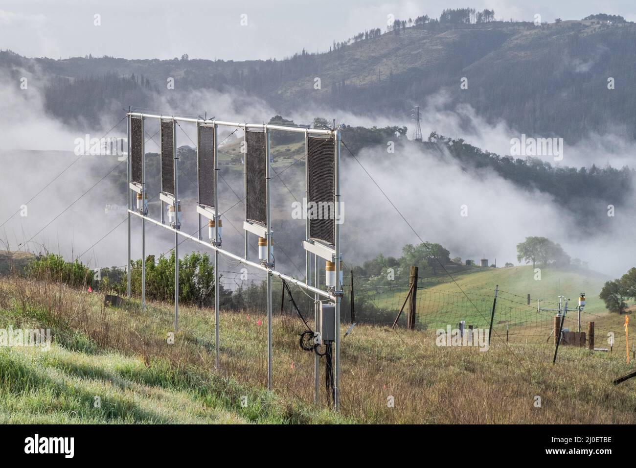 Un récupérateur de brouillard se dresse sur une colline en Californie tandis que les nuages et la brume se déplacent, les écrans en mesh rassembleront la condensation des brouillards qui passent. Banque D'Images