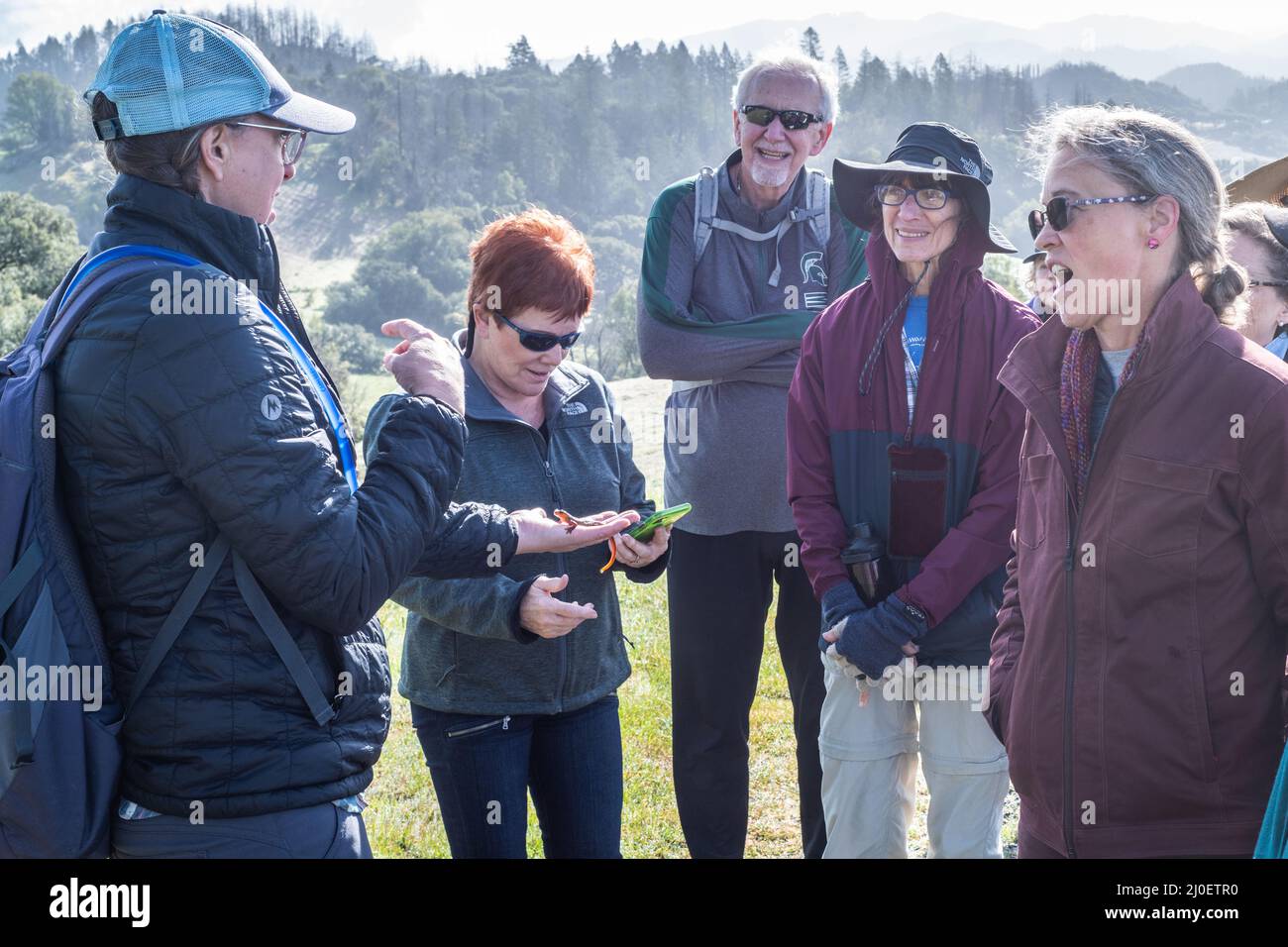 Naturaliste éduquant les membres d'une randonnée de groupe sur la nature et le nouveau qu'elle tient dans sa main en Californie du Nord, États-Unis. Banque D'Images