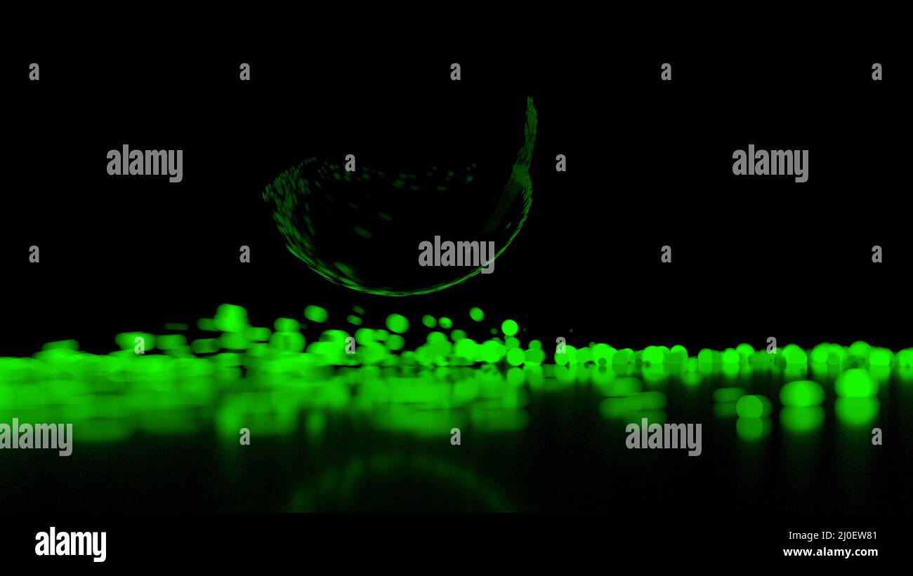 Flux abstrait de particules sphériques réfléchi à partir d'une grande sphère circulaire noire. Les Paricles sont vert brillant et ont differe Banque D'Images