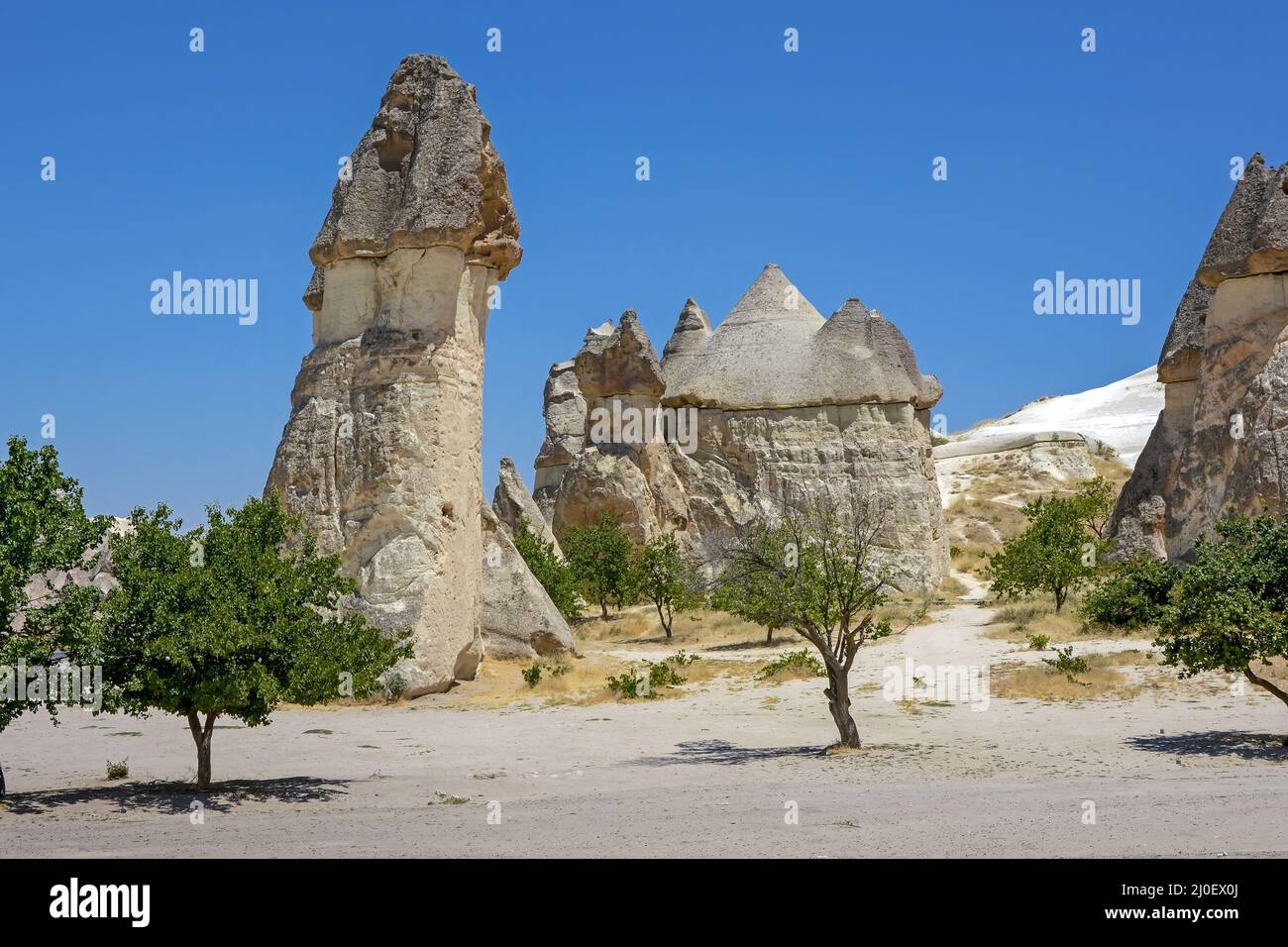 Formations rocheuses typiques dans la région de la Cappadoce, la Turquie et le ciel bleu Banque D'Images