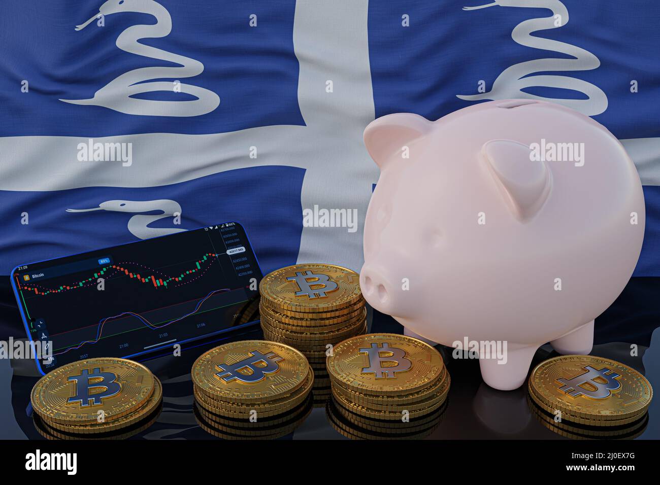 Le Bitcoin et la crypto-monnaie investissent. Drapeau Martinique en arrière-plan. Piggy Bank, le concept de l'épargne. Application mobile pour le trading sur actions. 3d réf Banque D'Images