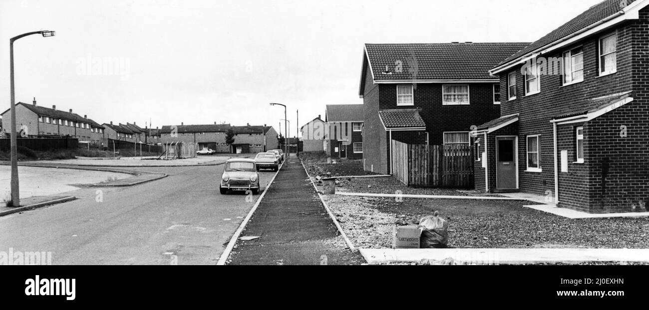 Maisons d'apprenti sur le domaine de Gurnos, Merthyr. Les maisons coûtent £20 000 par pièce - deux fois le prix normal d'une nouvelle habitation en conseil. 25th juin 1979. Banque D'Images