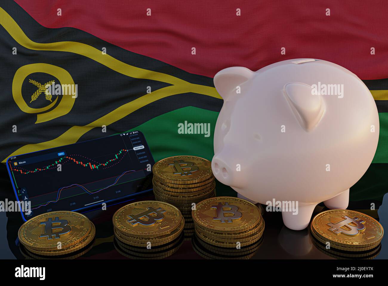 Le Bitcoin et la crypto-monnaie investissent. Drapeau de Vanuatu en arrière-plan. Piggy Bank, le concept de l'épargne. Application mobile pour le trading sur actions. 3d rende Banque D'Images