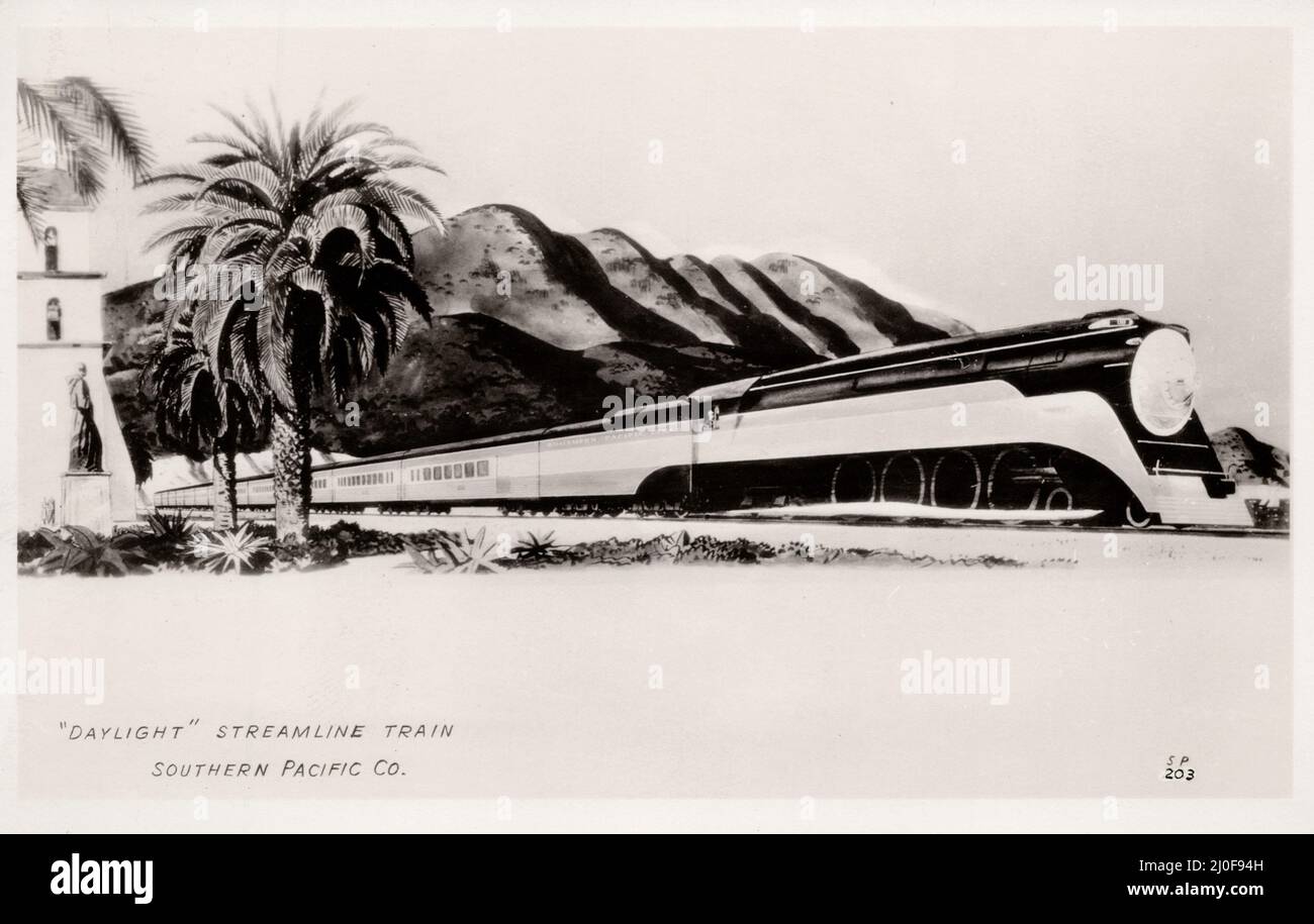 Le train 'Daylight' Streamline Southern Pacific Co, de Los Angeles à San Francisco, carte postale d'environ 1940. Artiste inconnu Banque D'Images