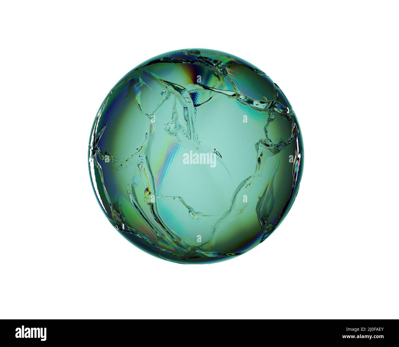 Sphère verdâtre vitreux avec fissures et effet de dispersion sur fond blanc. Rendu 3D Banque D'Images