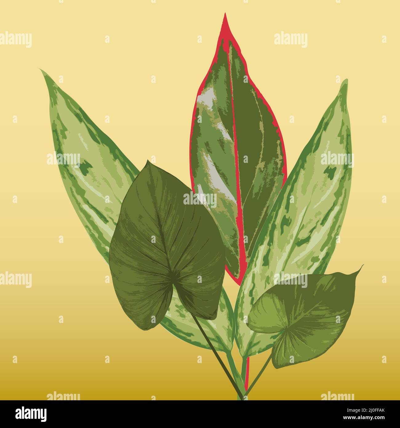 bouquet de grandes feuilles vertes tropicales sur fond jaune Illustration de Vecteur