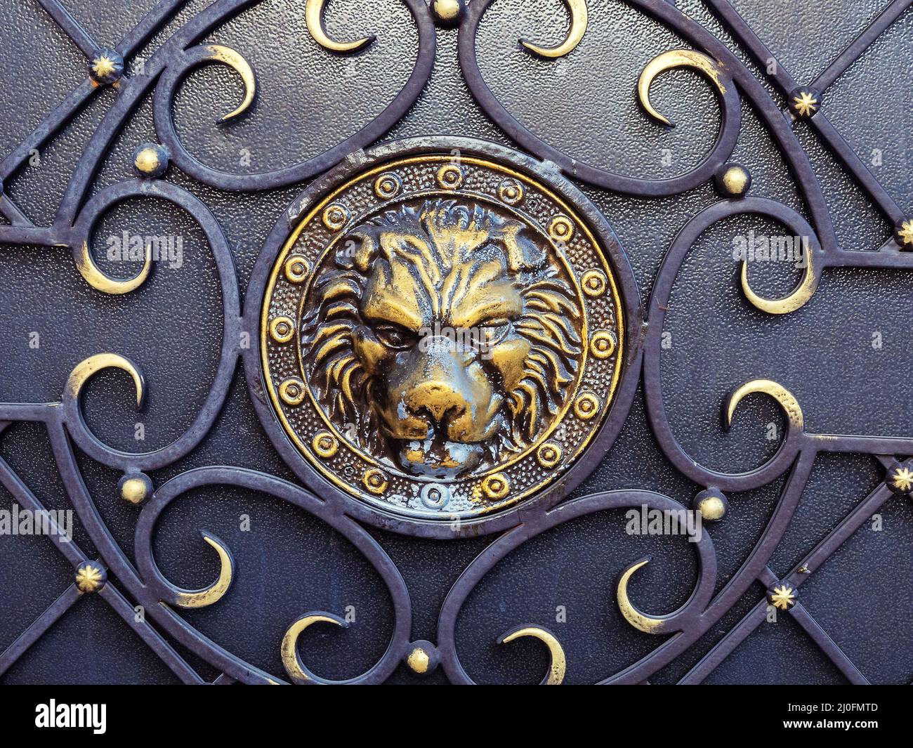 Tête de lion dorée avec ornement forgé sur un fer noir surface Banque D'Images Tête de lion dorée avec ornement forgé sur un fer noir surface Banque D'Images