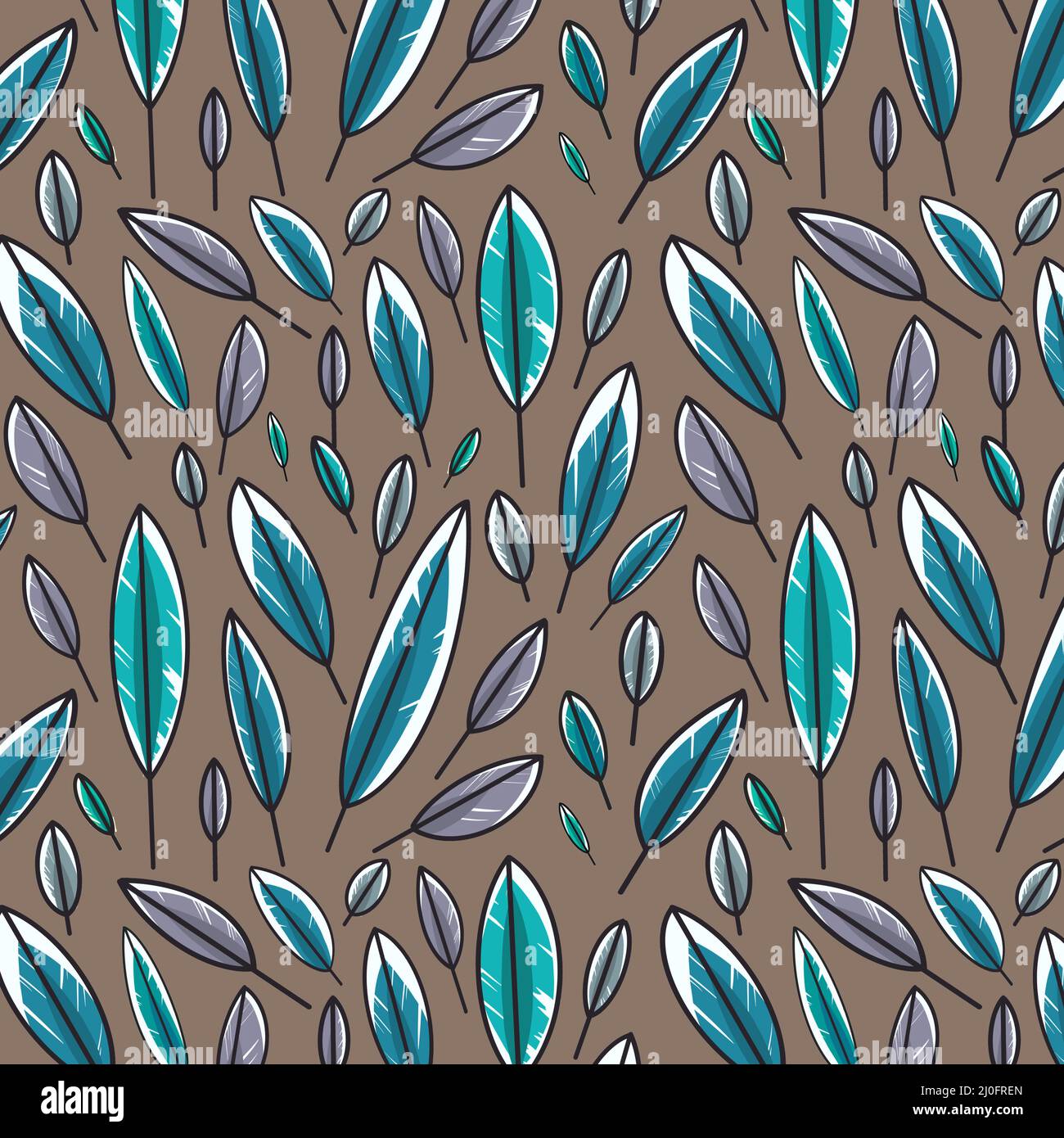 Motif coloré de feuilles isolées sur fond marron. Motif plumes sans coutures. Banque D'Images