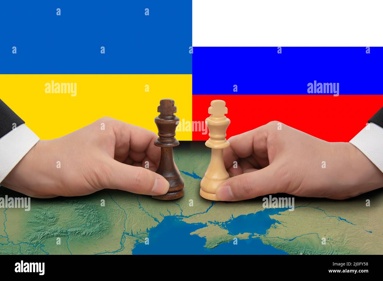 Sommet Ukraine-Russie exprimé dans un jeu d'échecs. Banque D'Images