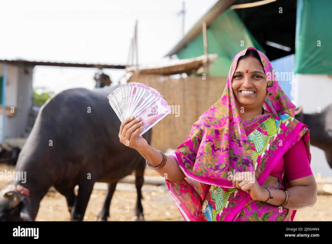 Concentrez-vous sur les billets de monnaie, souriant lait lait village femmes montrant l'argent indien en regardant la caméra - concept de profit d'affaires, les banques et Banque D'Images