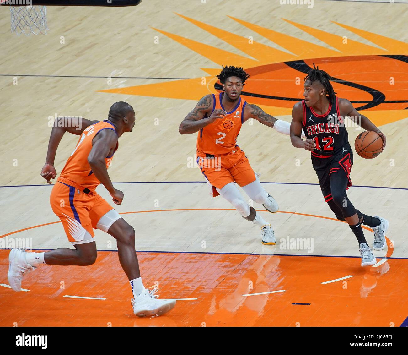 Phoenix, États-Unis. 18th mars 2022. Ayo Dosunmu (#12 Chicago Bulls) en action pendant le match de la National Basketball Association entre les Chicago Bulls et les Phoenix Suns au Footprint Center de Phoenix, Arizona. Edwin Rodriguez/SPP crédit: SPP Sport presse photo. /Alamy Live News Banque D'Images