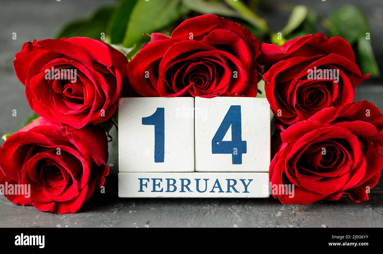 Concept de la Saint-Valentin avec roses rouges et calendrier cubique. 14 février, fête Banque D'Images