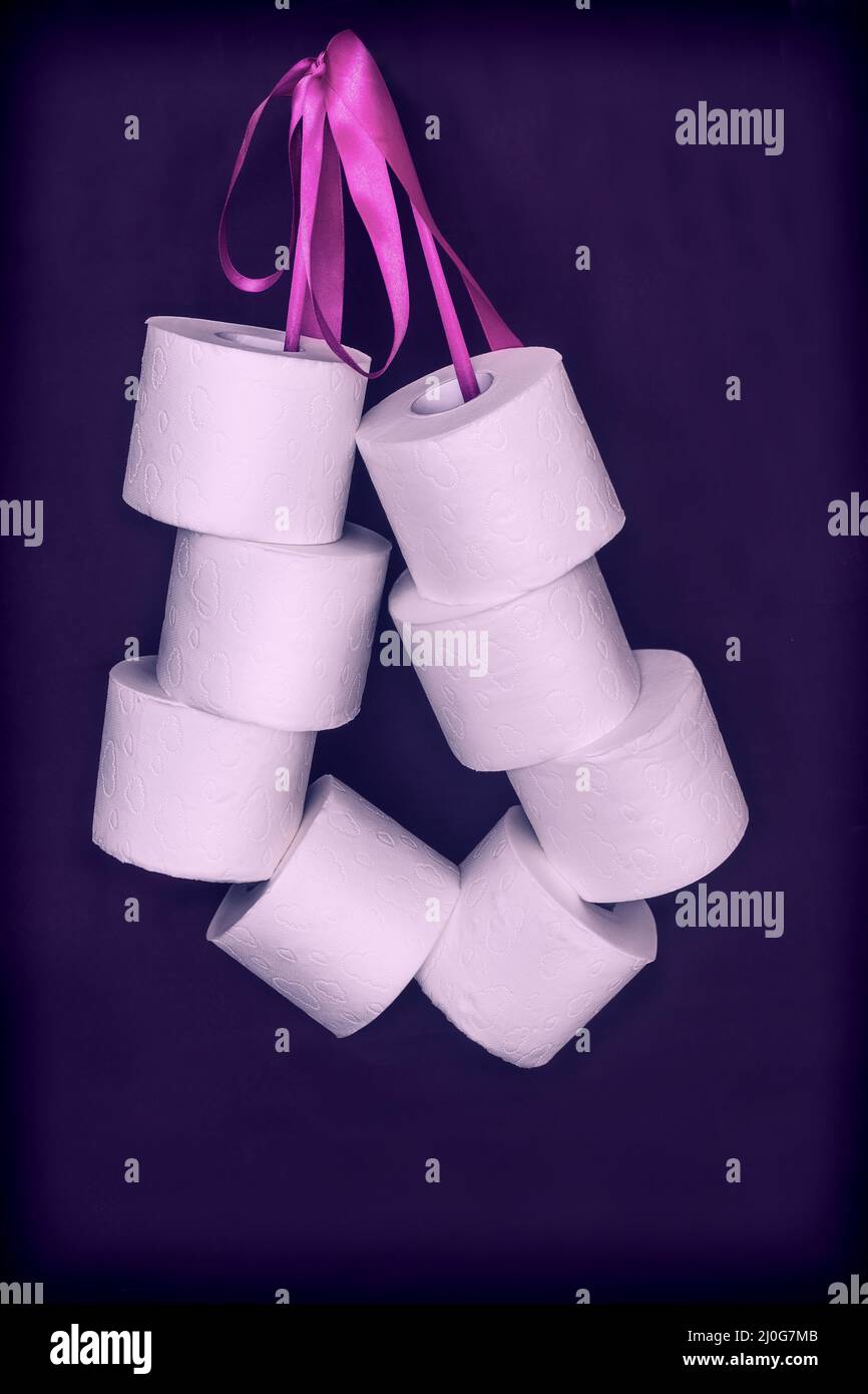 Rouleaux de papier hygiénique reliés par un ruban dans un paquet. Banque D'Images