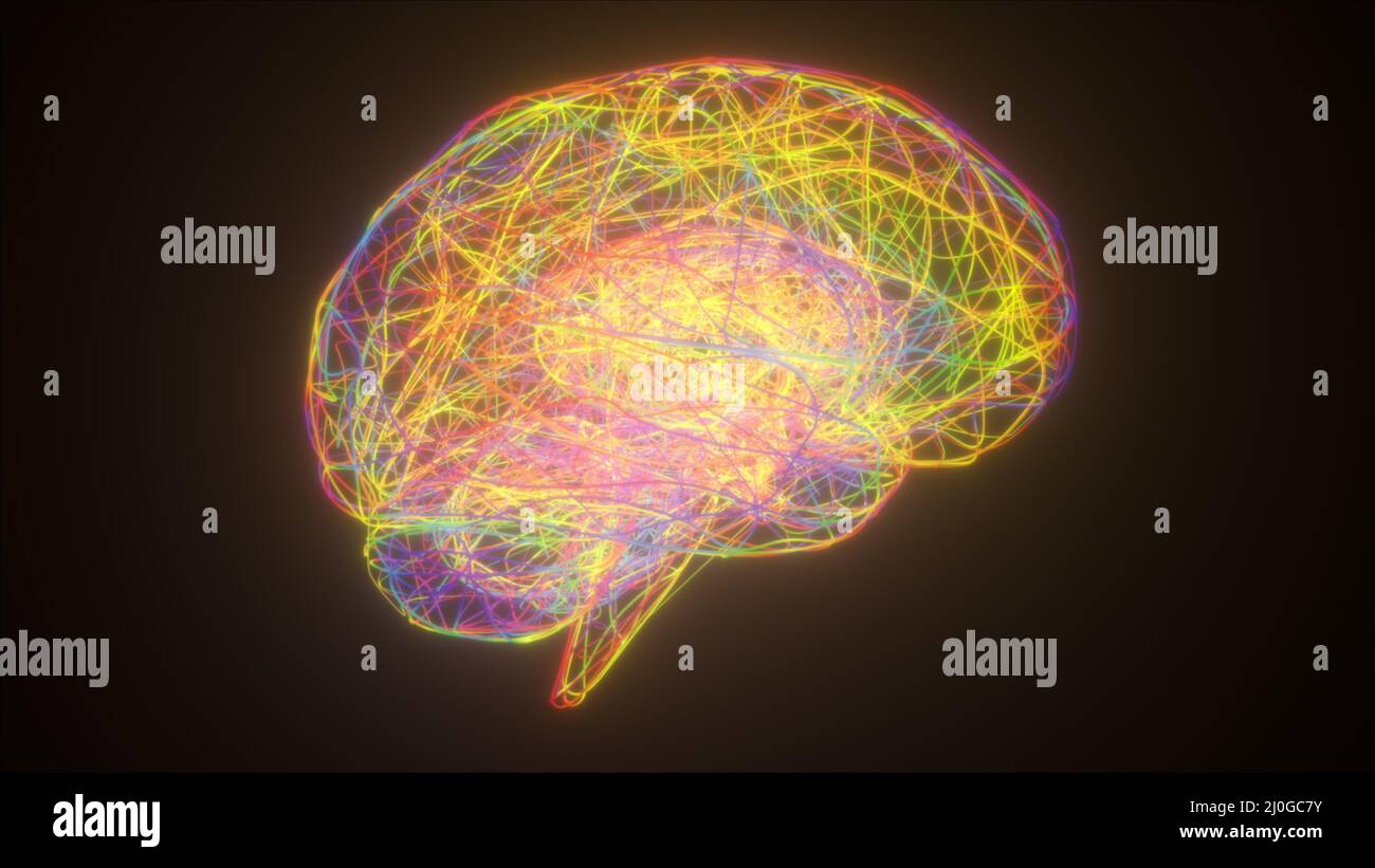 Cerveau de néon coloré, généré par ordinateur. 3d rendu de l'arrière-plan abstrait à partir de lignes fines Banque D'Images