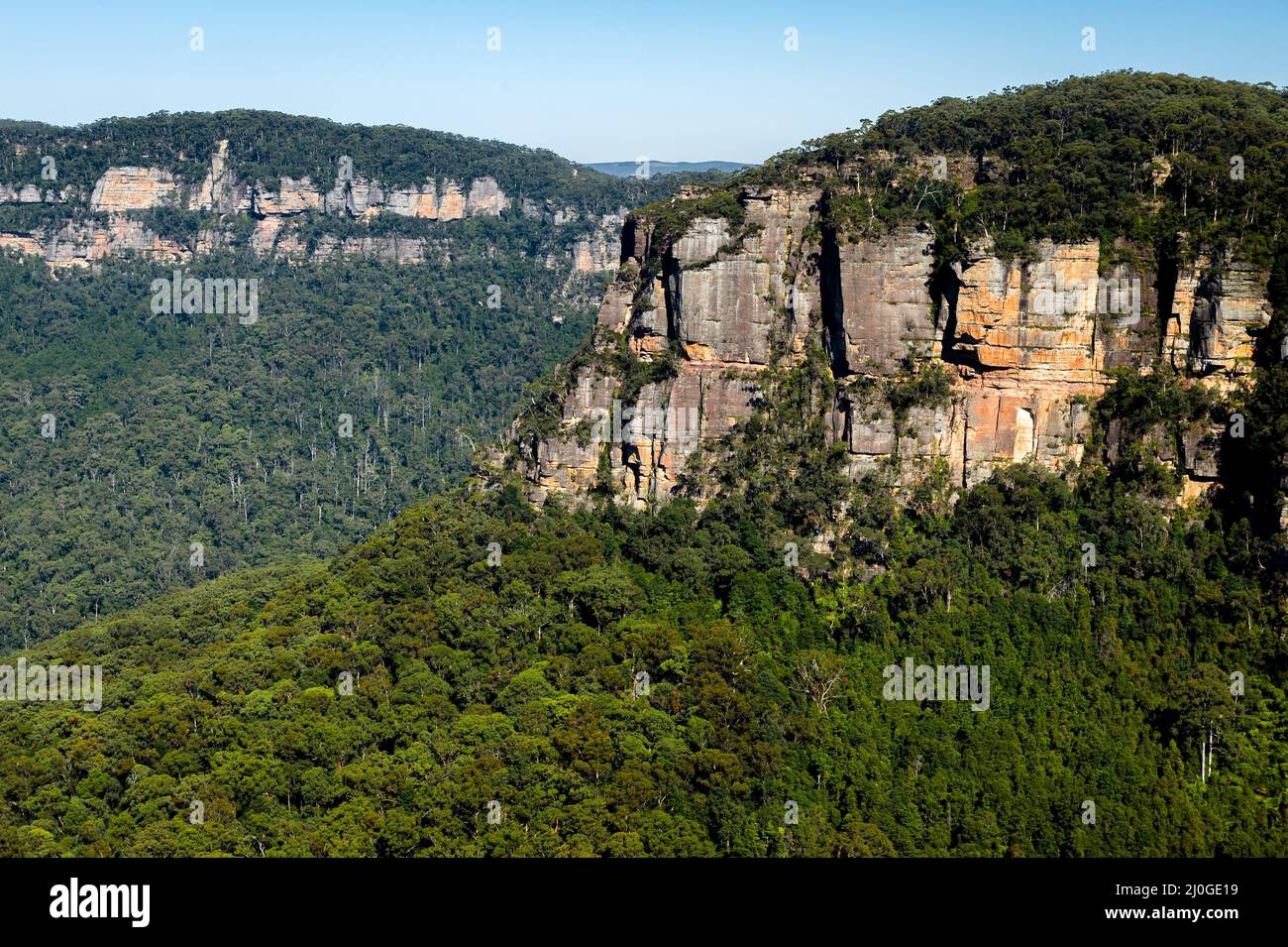 Célèbre Jamison Valley dans le parc national des Blue Mountains. Banque D'Images