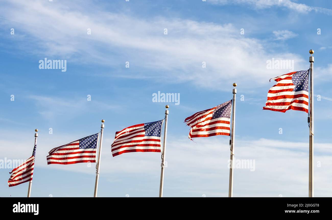Un groupe de drapeaux américains agitant Banque D'Images