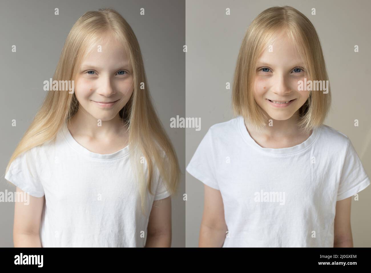 Une jeune fille aux cheveux longs blonds, une image avant et après ses cheveux coupés en un petit bob. Banque D'Images