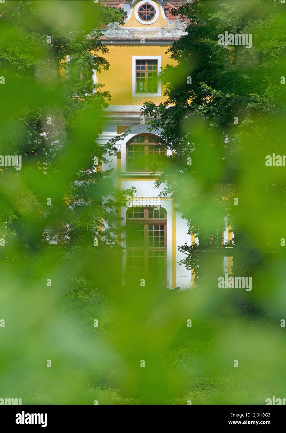 Vue à travers le vert verdoyant sur le château baroque de Neschwitz, format portrait Banque D'Images