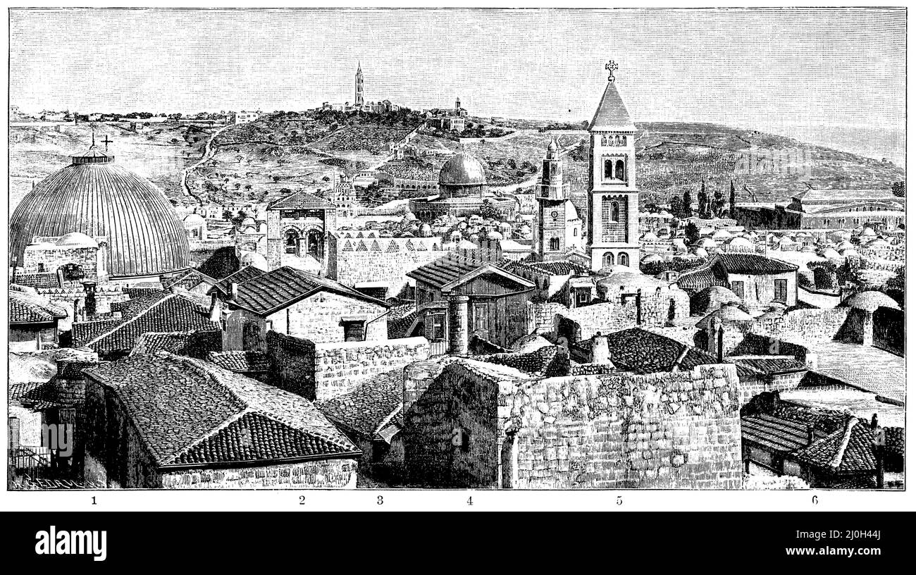 Jérusalem vue de l'ouest - 1. Et 2. Dôme et clocher de l'Église du Saint-Sépulcre. 3. Mont des oliviers à la chapelle de l'Ascension; à gauche, la tour russe de la cloche (guetteur), à droite, l'église de la prière du Seigneur. 4th le Dôme du Rocher sur Temple Square. 5th l'Église du Rédempteur. 6. mosquée el-Aksa sur la place du temple., , (, 1906), Jérusalem von Westen aus gesehen - 1. u. 2. Kuppel und Glockenturm der Grabeskirche. 3. Ölberg mit Himmelfahrtskapelle; Links davon der russische Glocken (Aussichtsturm, rechts die Vaterunser-Kirche. 4. Der Felsendom auf dem Tempelplatze. Banque D'Images