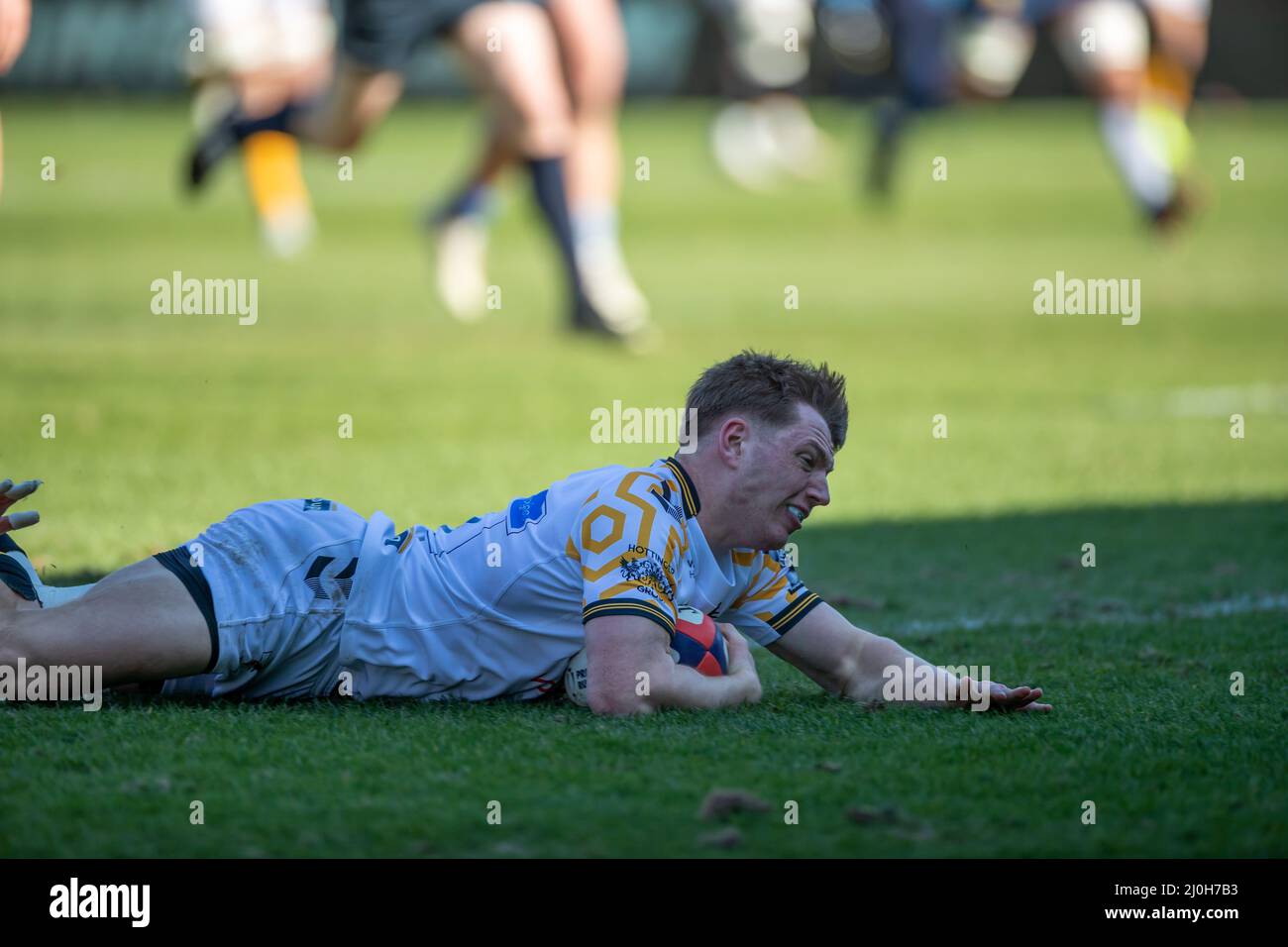 19th mars 2022 ; AJ Bell Stadium, sale, Angleterre; Gallagher Premiership rugby Cup, sale versus Wasps; Wwill porter (C) de Wasps marque leur deuxième tentative pour diriger 14-7 Banque D'Images