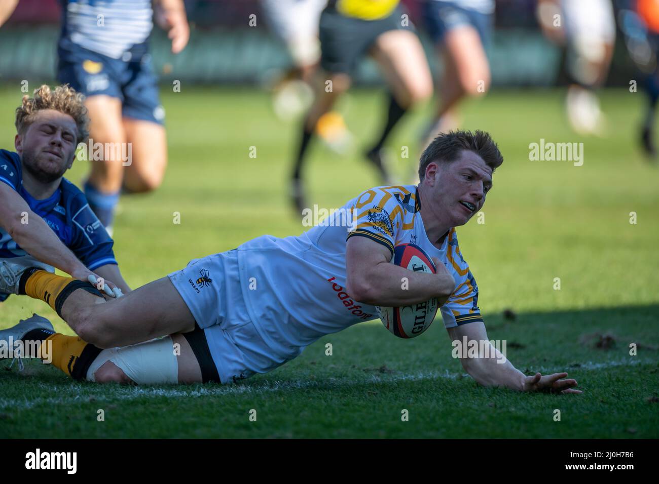 19th mars 2022 ; AJ Bell Stadium, sale, Angleterre; Gallagher Premiership rugby Cup, sale versus Wasps; Wwill porter (C) de Wasps marque leur deuxième tentative pour diriger 14-7 Banque D'Images