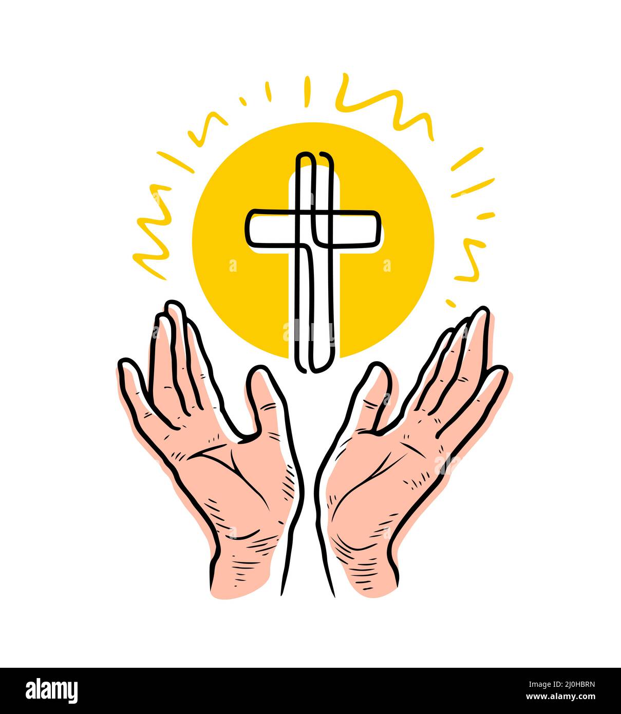 Les mains soulevées dans la prière et la croix comme symbole de la foi en Dieu. Illustration vectorielle Illustration de Vecteur