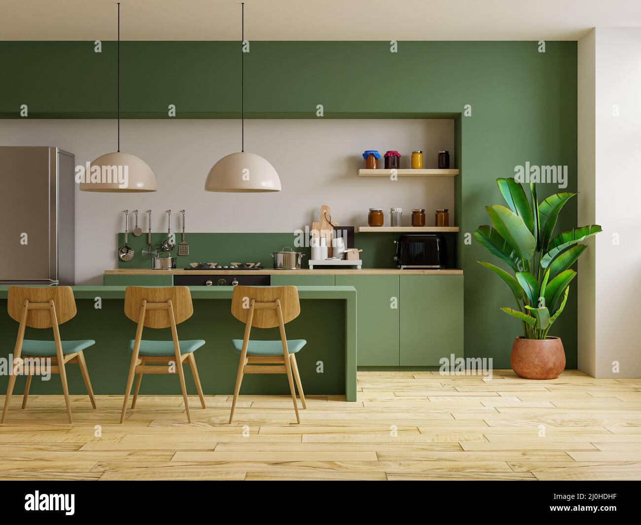 Cuisine de style moderne design intérieur avec mur vert.3D rendu Banque D'Images