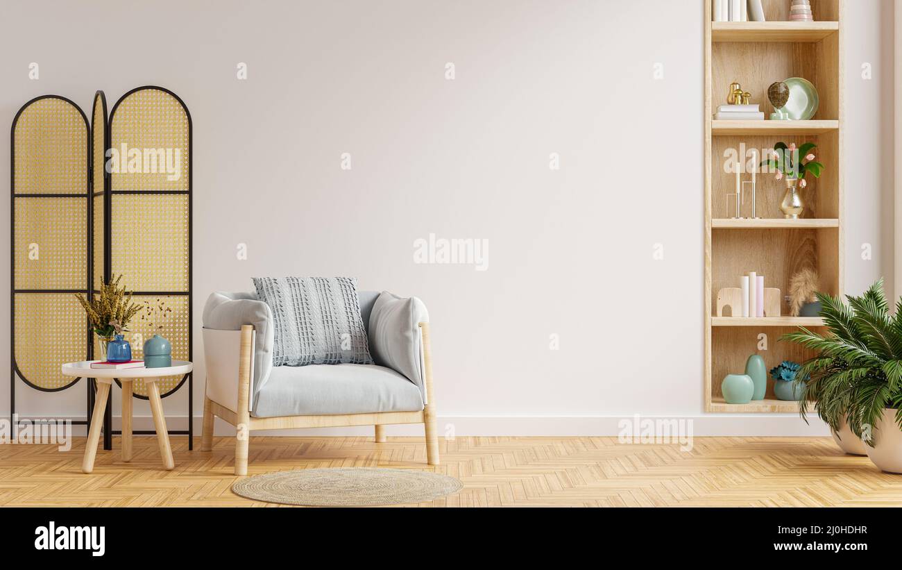 Intérieur moderne et minimaliste de l'intérieur du salon avec fauteuil sur fond blanc vide de mur.3D rendu Banque D'Images