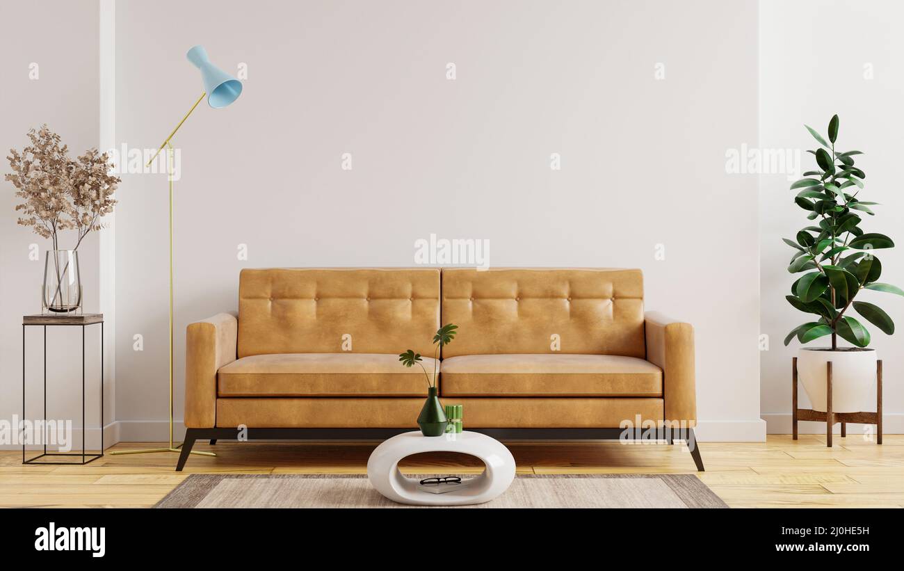 Intérieur moderne minimaliste avec un canapé en cuir sur fond blanc vide.3D rendu Banque D'Images