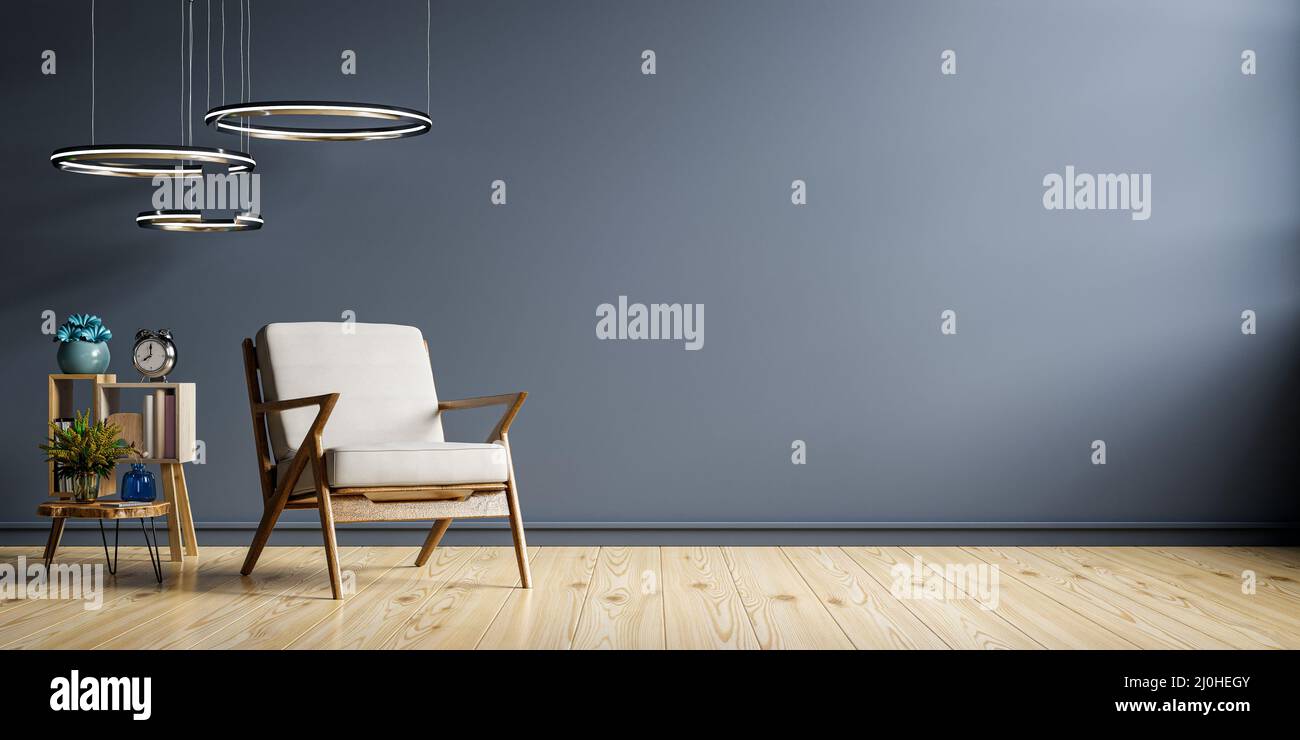 Intérieur de salon bleu foncé avec fauteuil de luxe confortable sur mur vide.3D rendu Banque D'Images