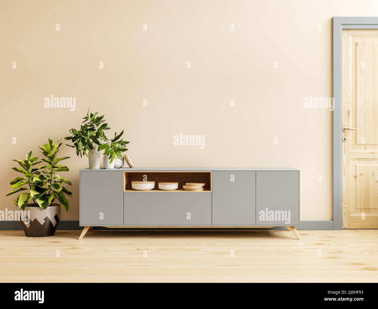 Fond de mur de couleur crème, décor moderne de salon avec un meuble tv.3D rendu Banque D'Images