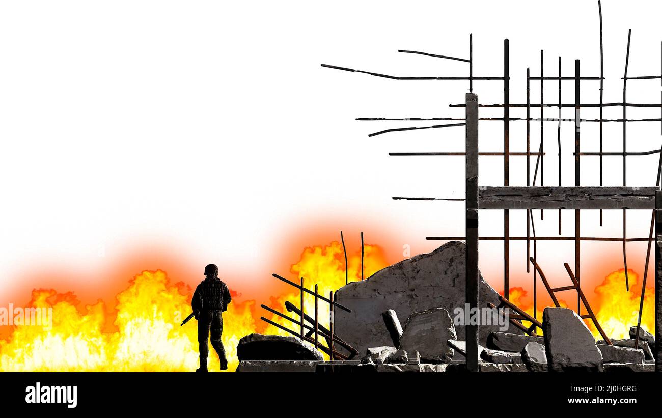 Silhouette d'un soldat vu de derrière, décombres et destruction, squelette d'un bâtiment. Attentats à la bombe et guerres. Incendie. Villes et bâtiments frappés par le missile Banque D'Images