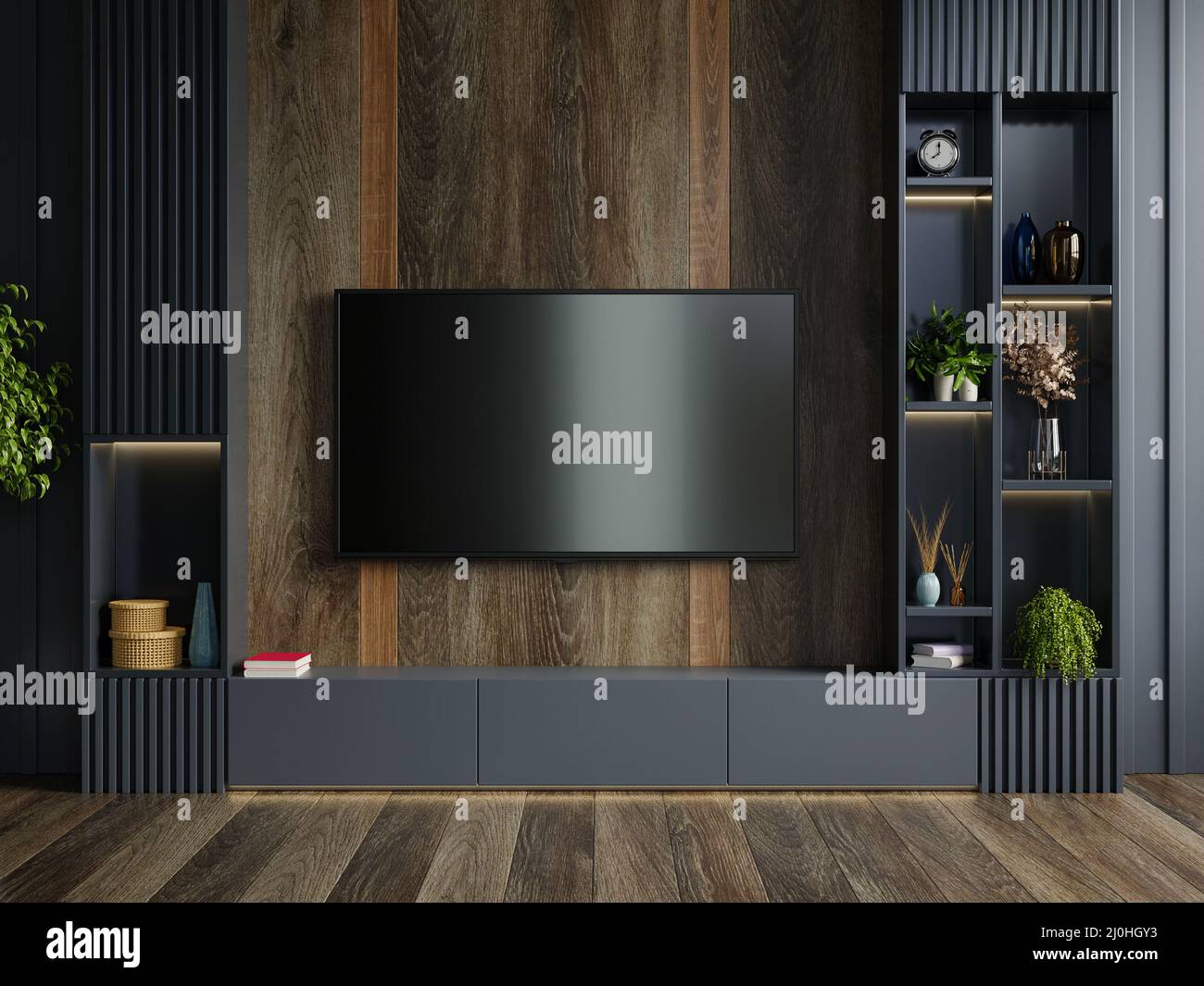 téléviseur mural en bois dans un salon moderne avec décoration sur fond de mur sombre.3D rendu Banque D'Images