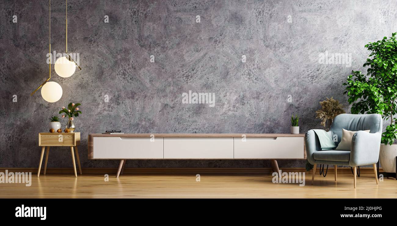 Armoire pour TV dans salon moderne avec fauteuil et plante sur mur de béton.3D rendu Banque D'Images