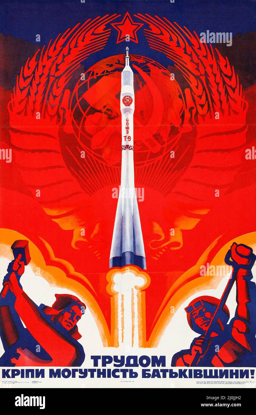 Propagande russe - affiche russe ancienne - 'Soyuz T-9' Banque D'Images