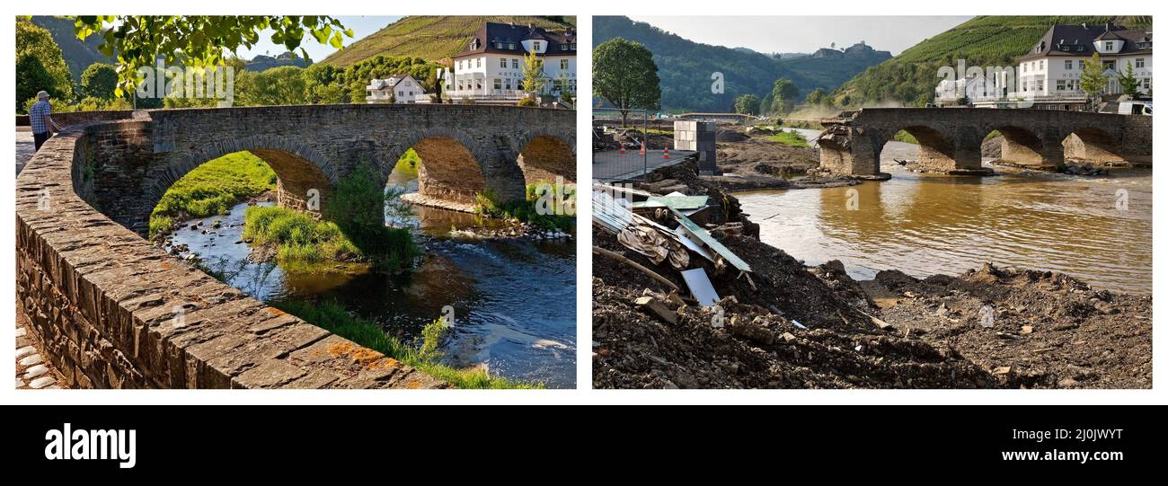 Le pont népomuk au-dessus de la rivière Ahr avant et après la catastrophe des inondations de 2021, Rech, Allemagne Banque D'Images