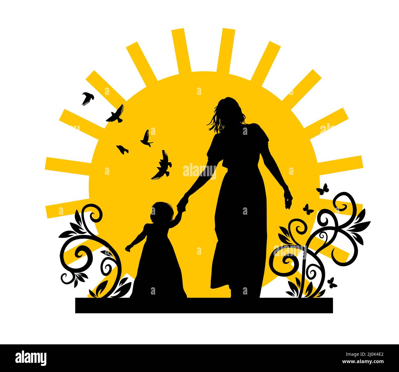 Silhouette d'une mère avec un enfant marchant. Bonne fête des mères. Illustration vectorielle Illustration de Vecteur