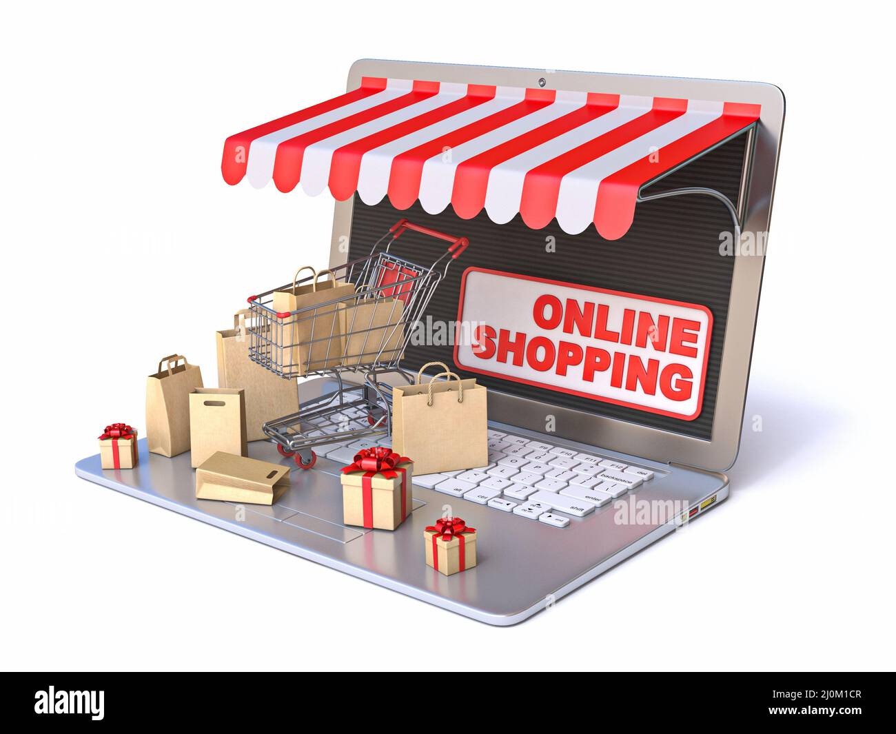Panier, sacs et boîtes-cadeaux sur ordinateur portable concept d'achat en ligne vue latérale 3D Banque D'Images