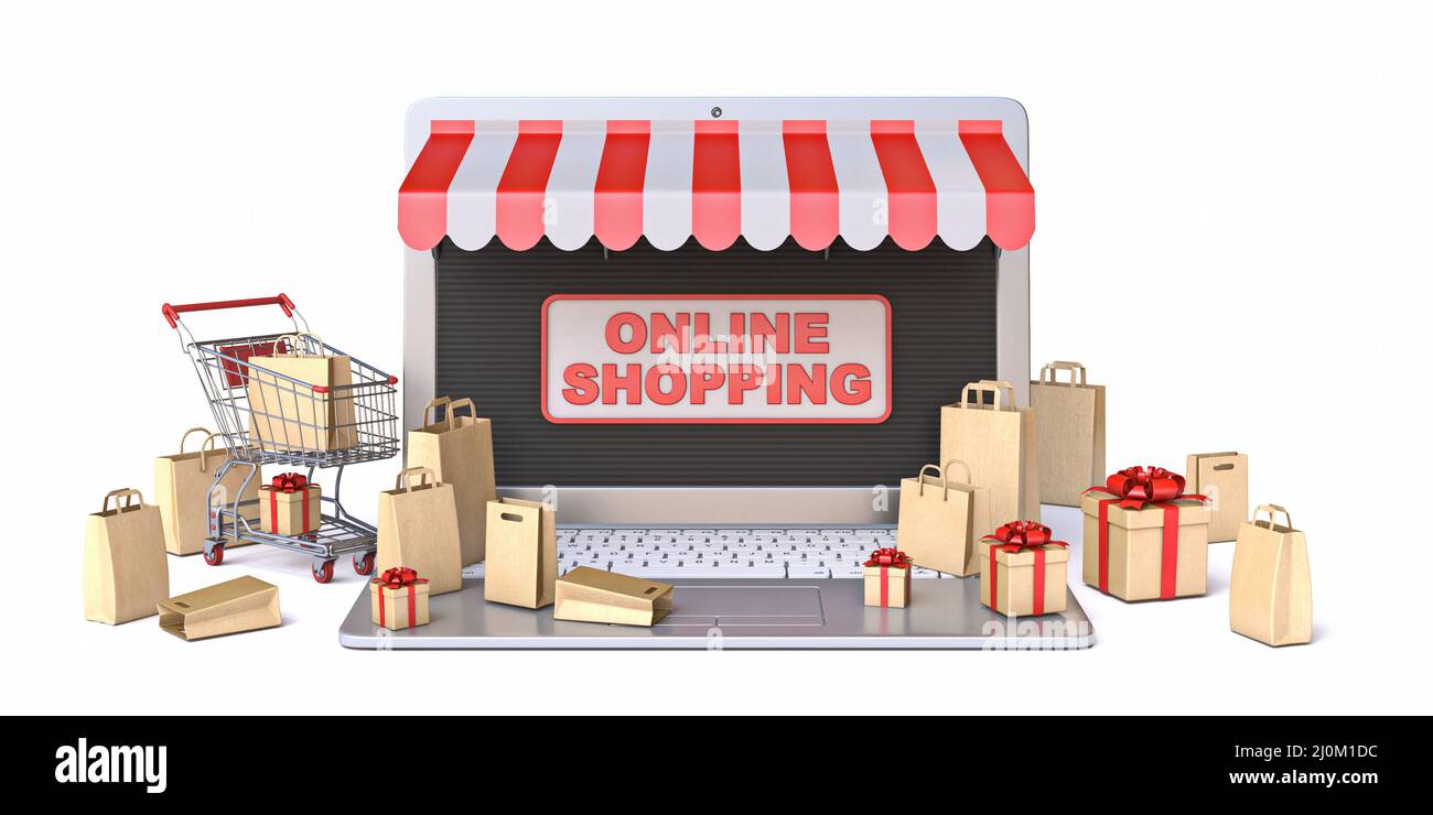Panier, sacs et boîtes-cadeaux sur ordinateur portable concept d'achat en ligne 3D Banque D'Images