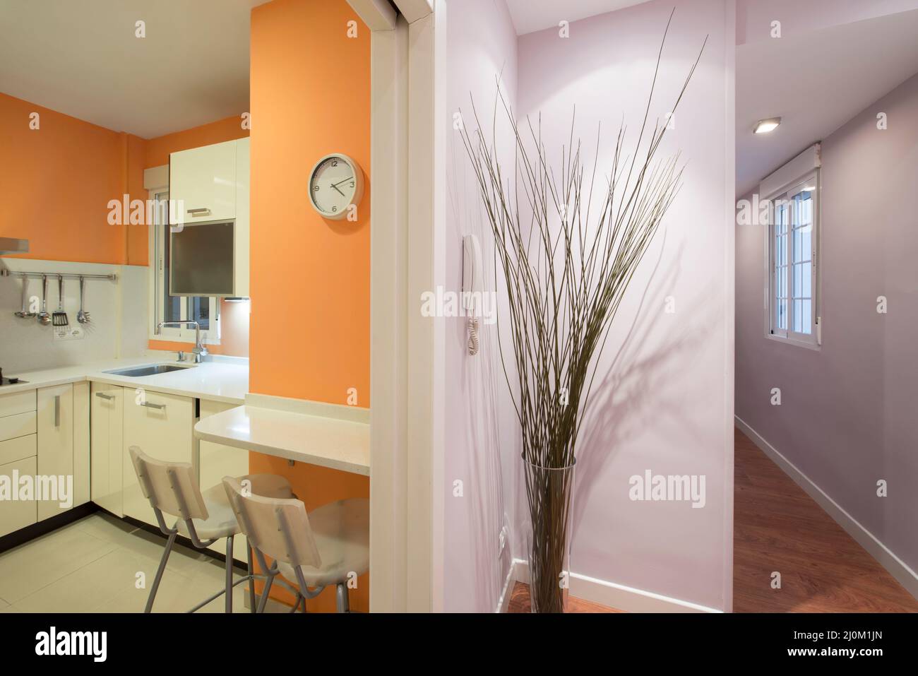 Hall d'entrée d'une maison avec couloirs lavande et entrée d'une cuisine avec armoires blanches et murs orange Banque D'Images