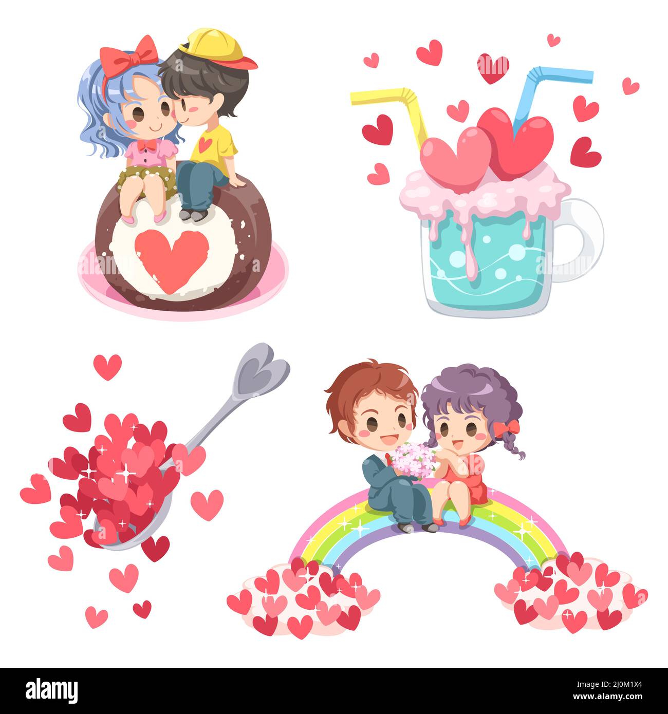 Illustration vectorielle de la Saint-Valentin. Mignon couple sur fond blanc avec beaucoup de coeurs pour graphiste créer des œuvres d'art, carte, brochure pour divers Banque D'Images