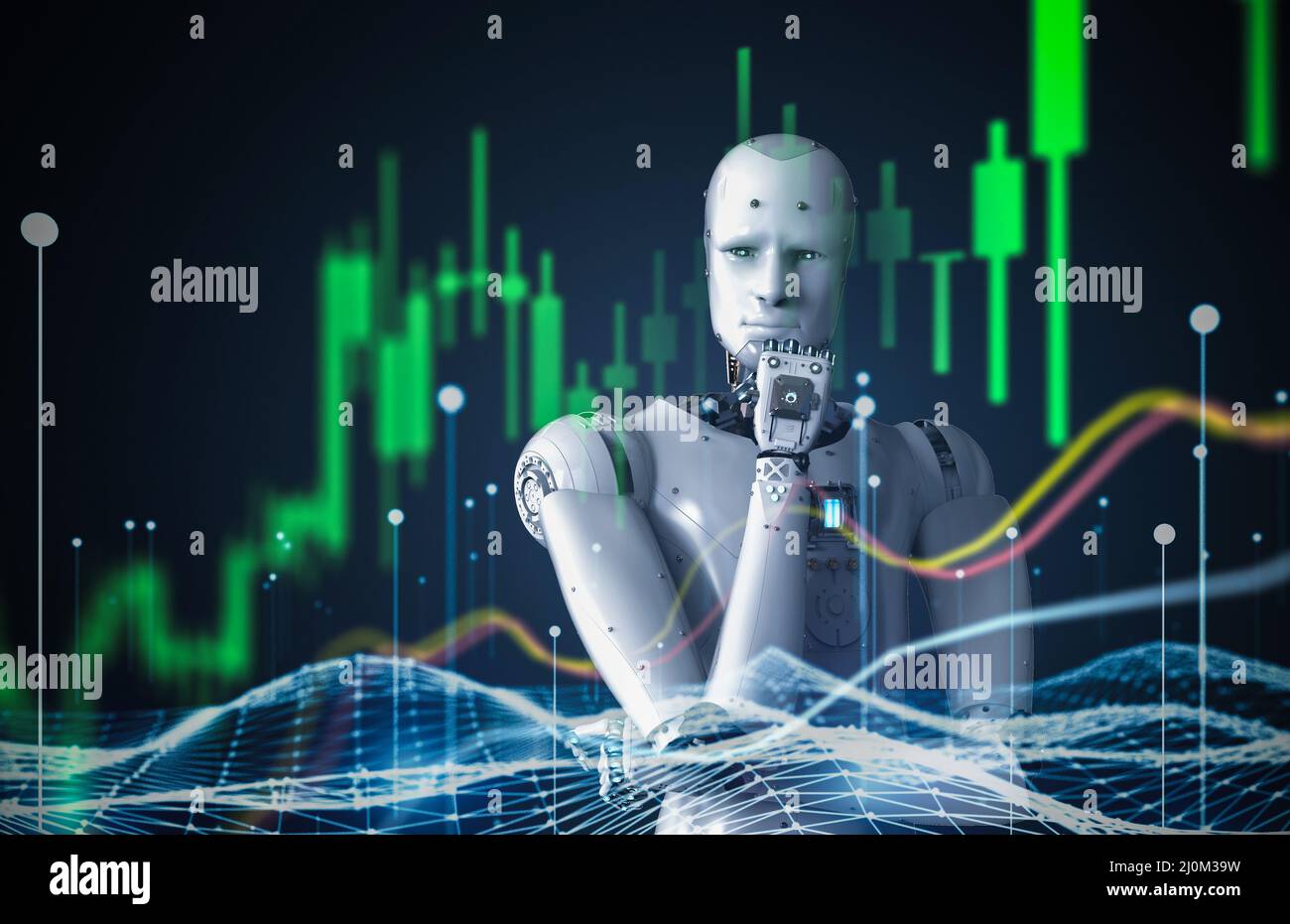 Concept de technologie financière avec 3D robot de rendu analyser les big data du marché boursier Banque D'Images