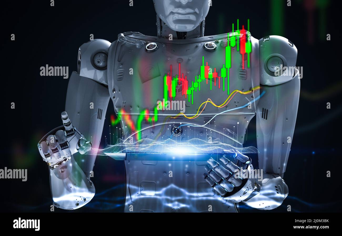 Concept de technologie financière avec 3D robot de rendu analyser les big data du marché boursier Banque D'Images