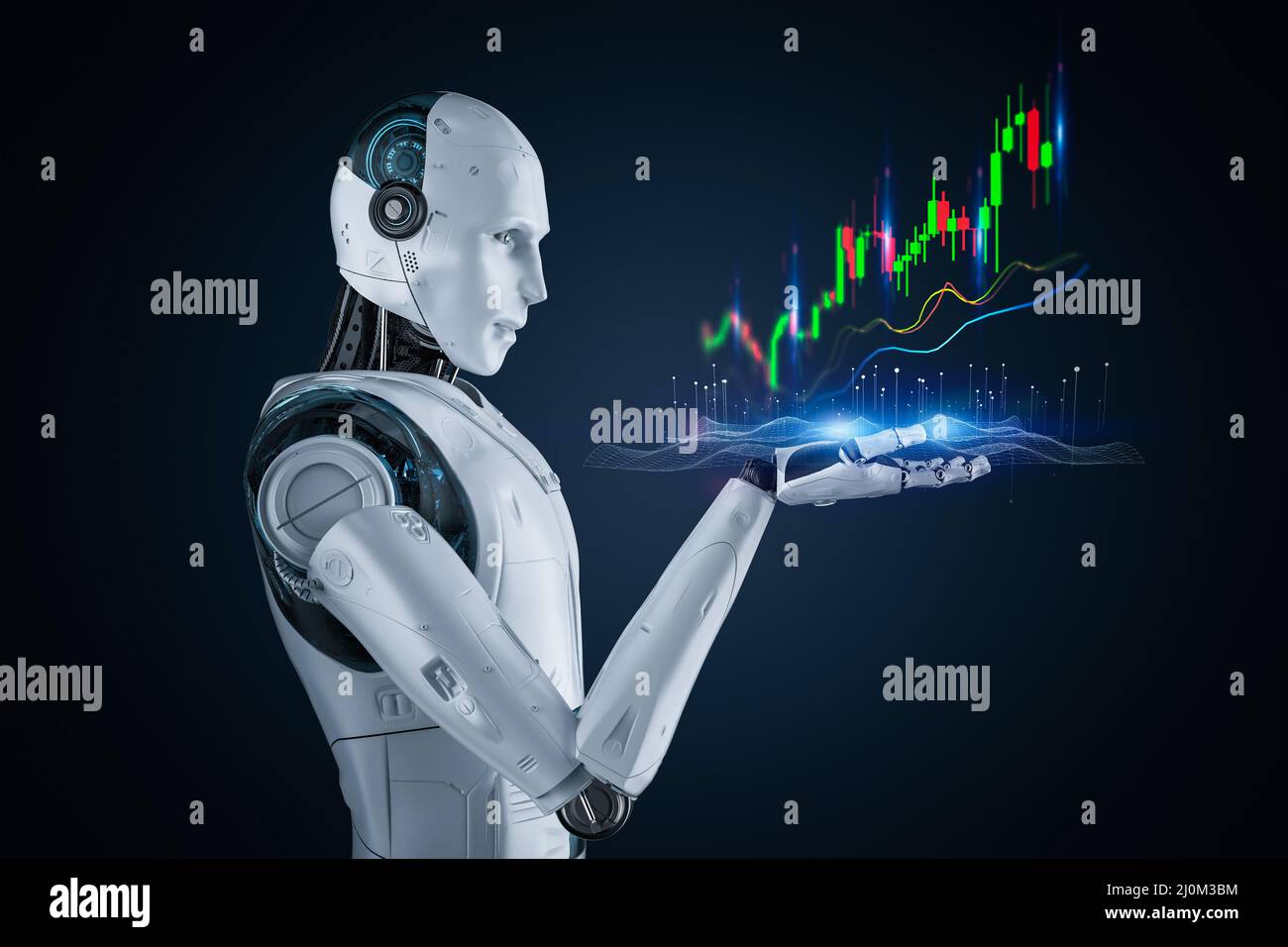Concept de technologie financière avec 3D robot de rendu analyser les big data du marché boursier Banque D'Images