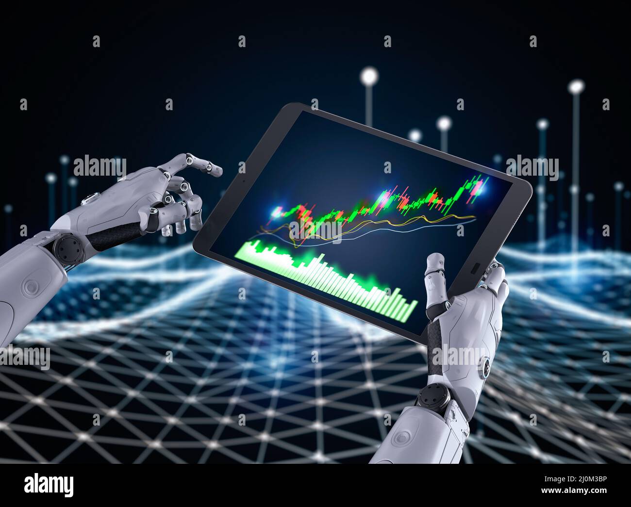 Concept de technologie financière avec 3D robot de rendu analyser les big data du marché boursier Banque D'Images