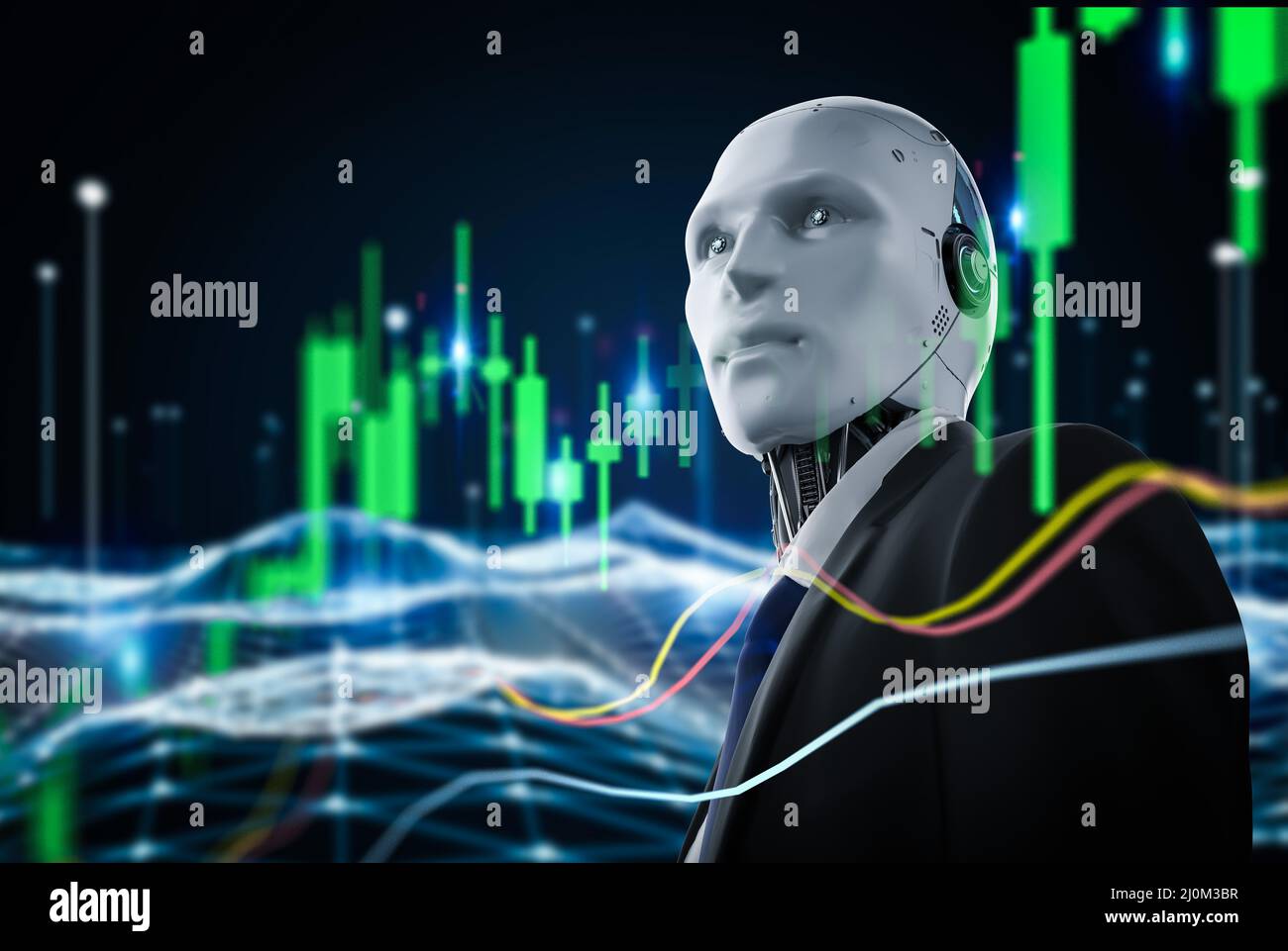 Concept de technologie financière avec 3D robot de rendu analyser les big data du marché boursier Banque D'Images