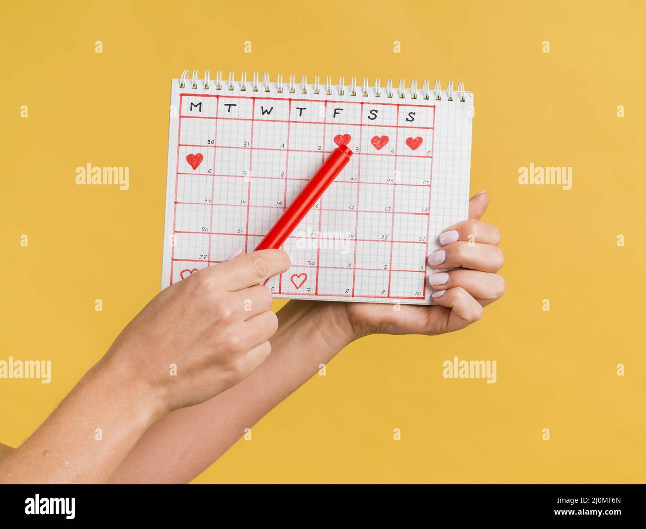 Vue avant du calendrier de la période avec les mains tenant le stylo rouge Banque D'Images