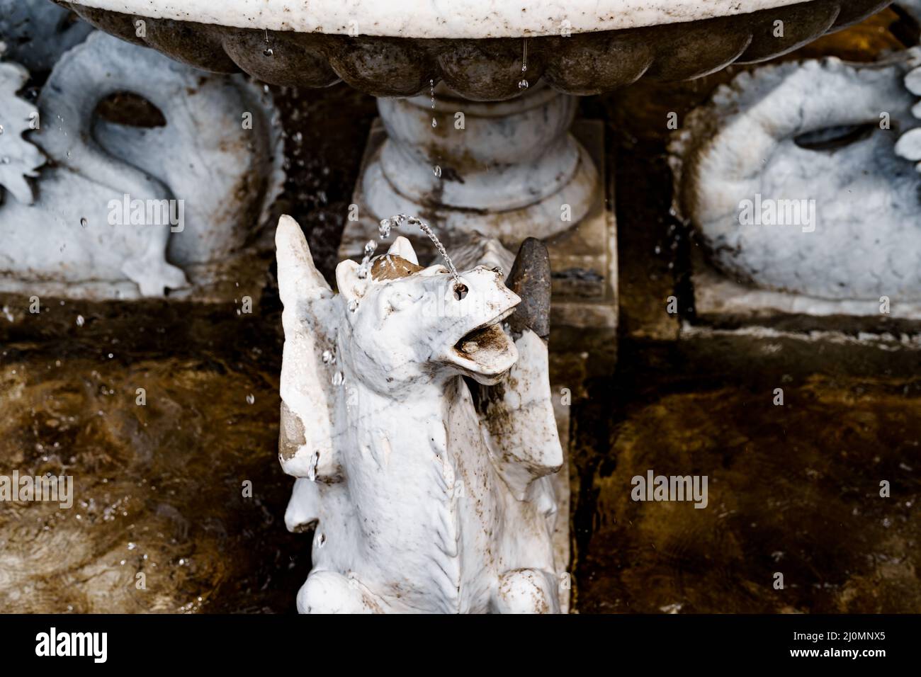 Statue d'un cheval voisin près d'un bol en pierre.Villa Monastero, Italie Banque D'Images