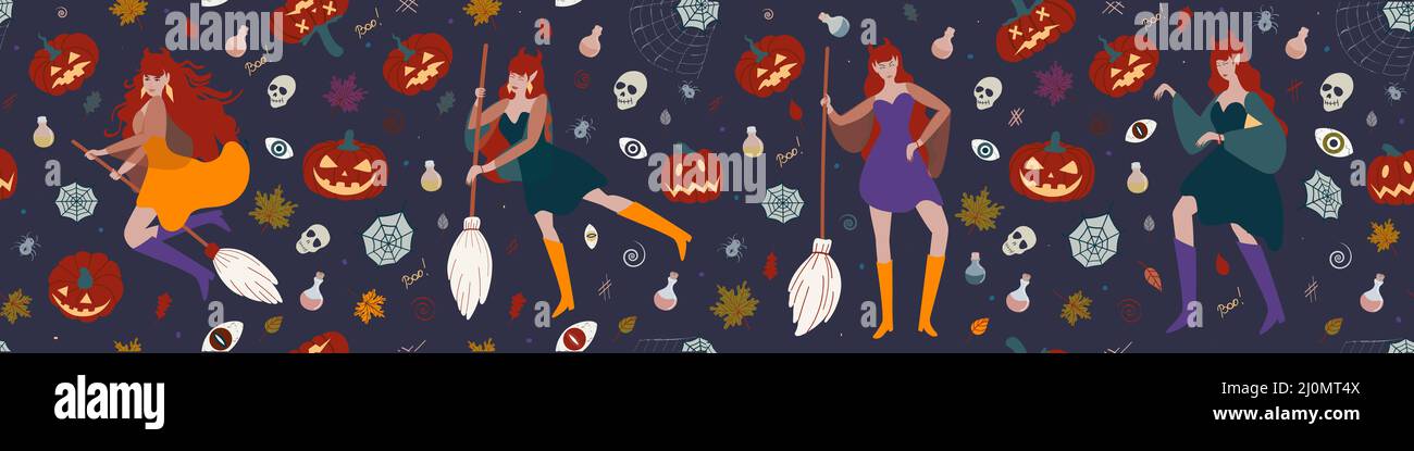 Bannière avec une sorcière, citrouilles, araignées. halloween Banque D'Images